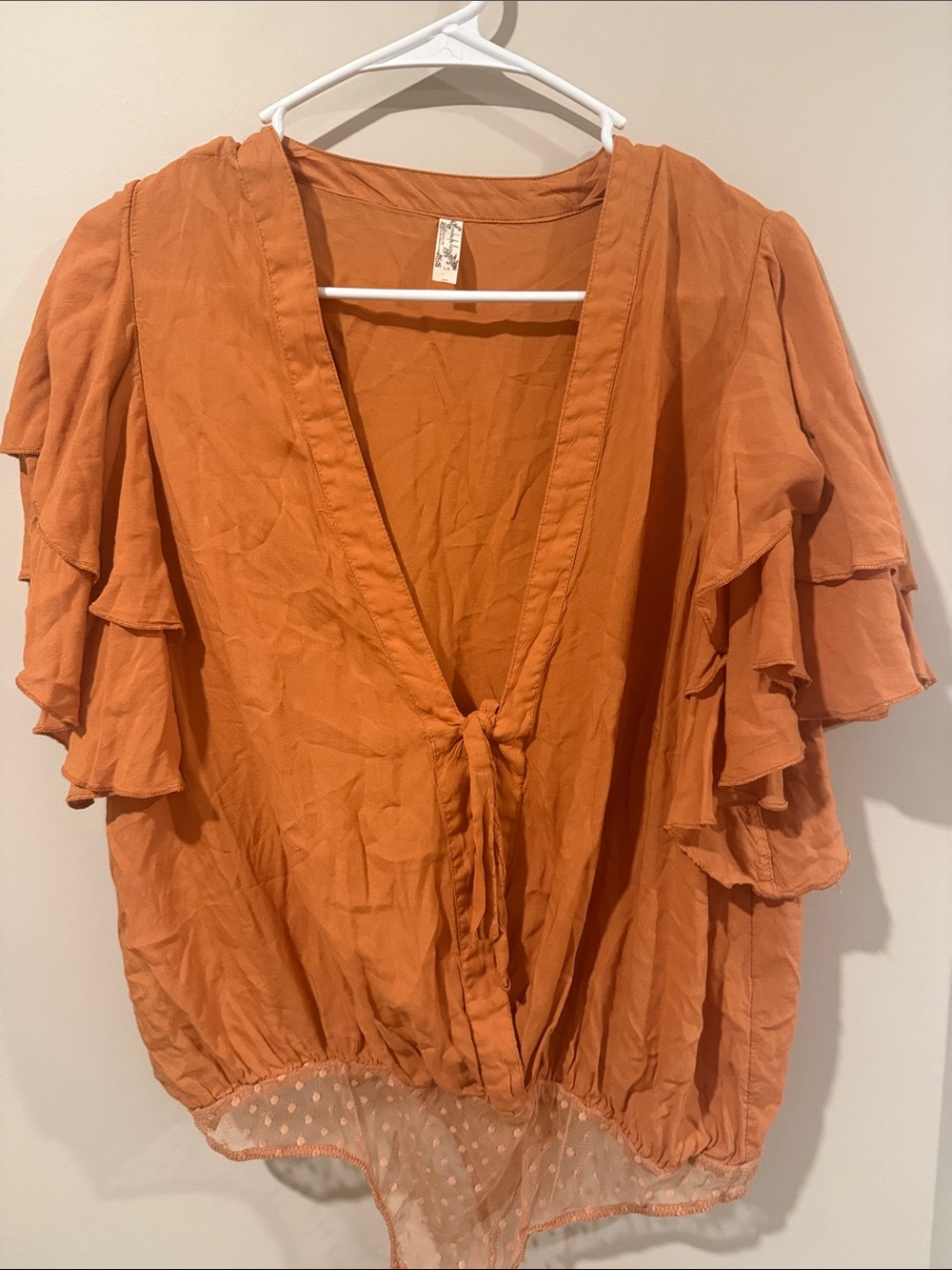 Free People Women's Rust Orange Tie-Front Ruffle Sleeve Bodysuit